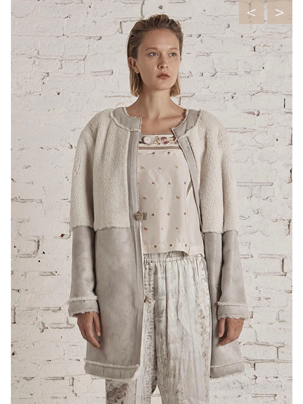 Burning Torch Two-Tone Cream And Light Gray Shearling Trench Coat